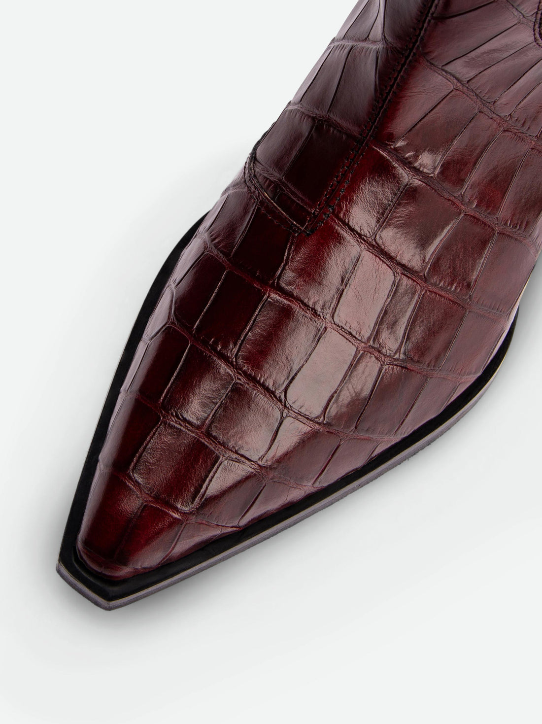 Macy Brick Red Croco-Print Leather Tall Boots – Toe Close-Up View – POEVE Collection