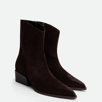 Luz Brown Crust Leather Ankle Boots – Angled Side View – POEVE Collection