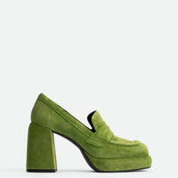 Zery Green Suede Heel Loafers – Side View – POEVE Collection