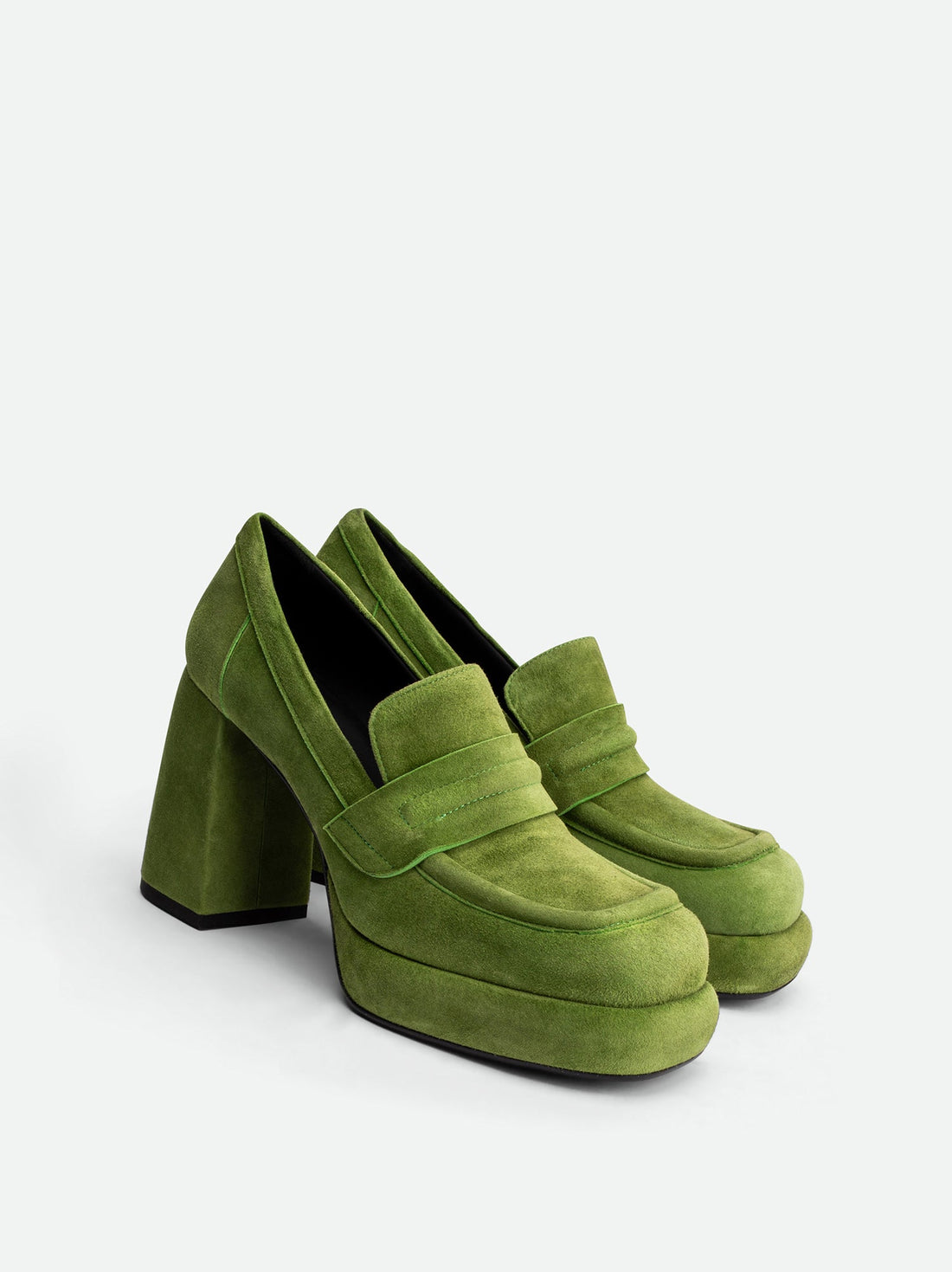 Zery Green Suede Heel Loafers – Angled Side View – POEVE Collection