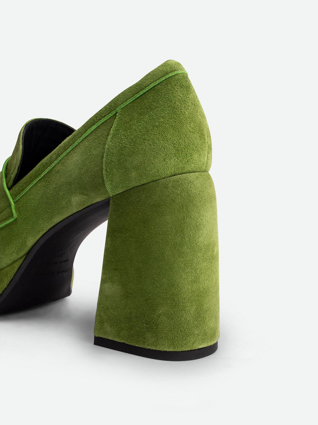 Zery Green Suede Heel Loafers – Heel Close-up View – POEVE Collection