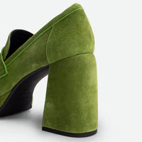 Zery Green Suede Heel Loafers – Heel Close-up View – POEVE Collection