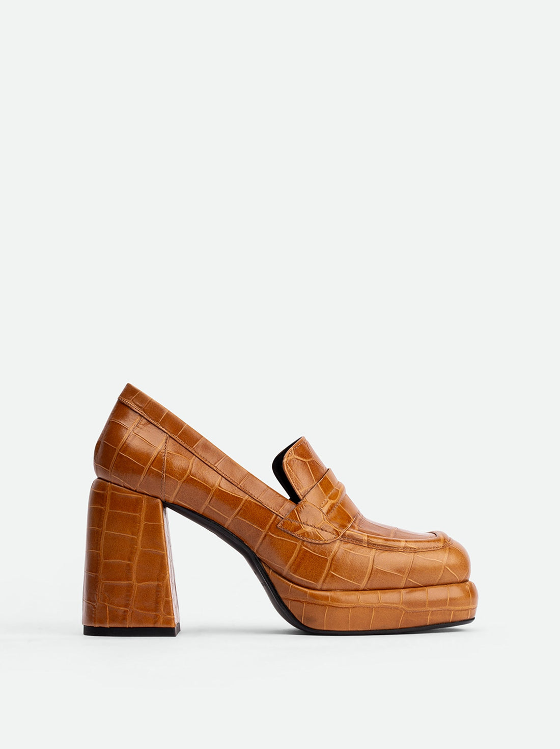 Zery Caramel Croco Print Leather Heel Loafers – Side View – POEVE Collection