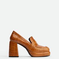 Zery Caramel Croco Print Leather Heel Loafers – Side View – POEVE Collection