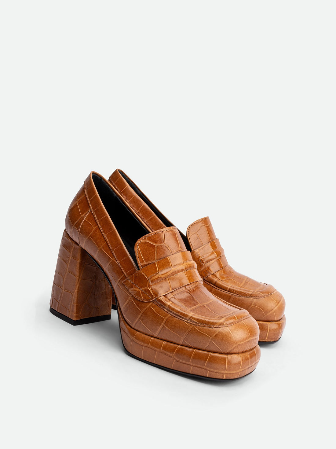 Zery Caramel Croco Print Leather Heel Loafers – Angled Side View – POEVE Collection