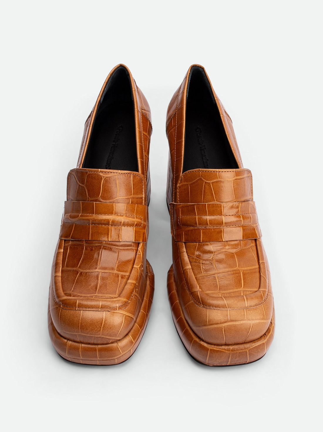 Zery Caramel Croco Print Leather Heel Loafers – Top View – POEVE Collection