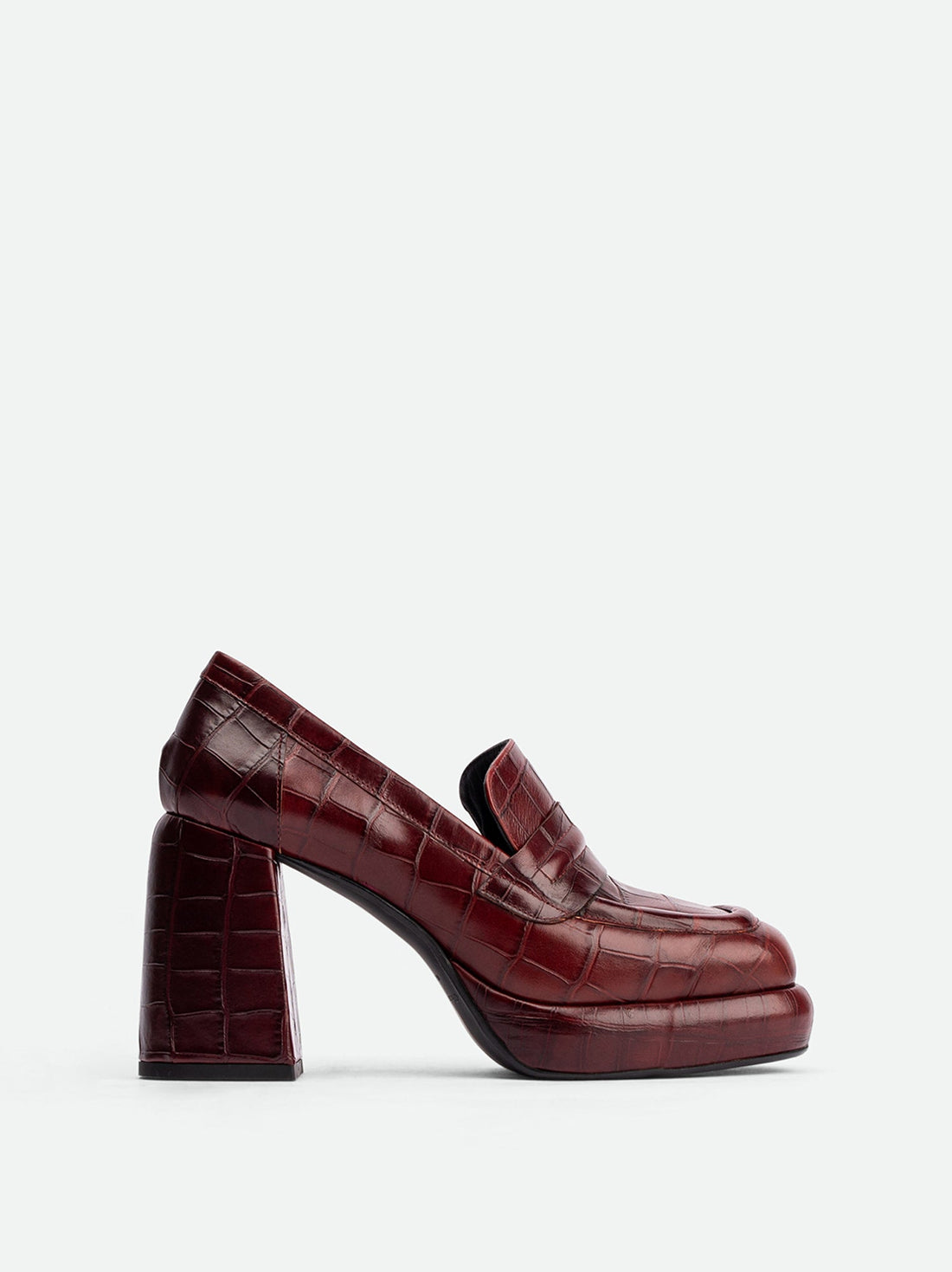 Zery Brick Red Croco Print Leather Heel Loafers – Side View – POEVE Collection