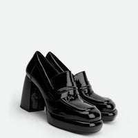 Zery Black Patent Leather Heel Loafers – Angled Side View – POEVE Collection