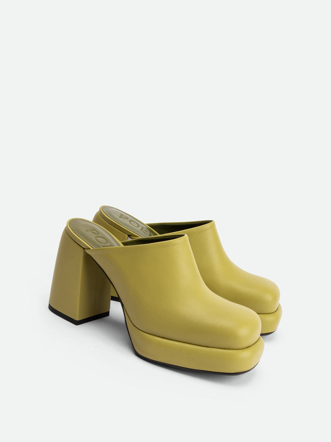 Marla Green Leather Heel Mules - Angled Side View - POEVE Collection