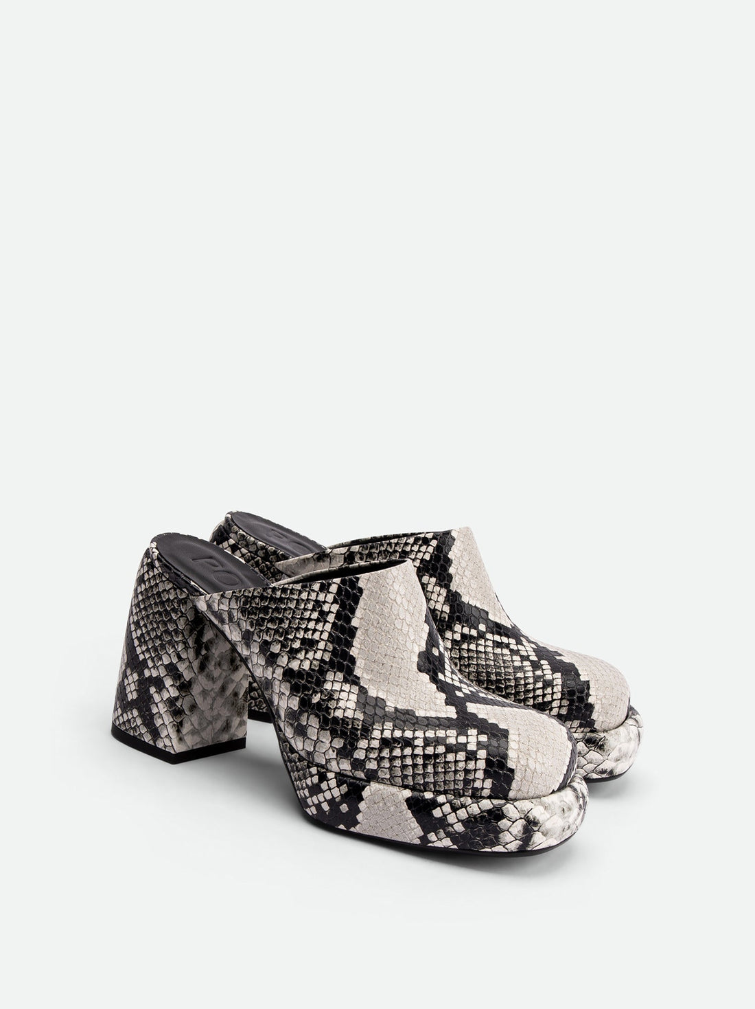 Marla Snake-embossed Leather Heel Mules - Angled Side View - POEVE Collection