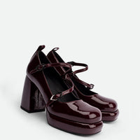 Denky Bordeaux Patent Leather Pumps – Angled Side View – POEVE Collection
