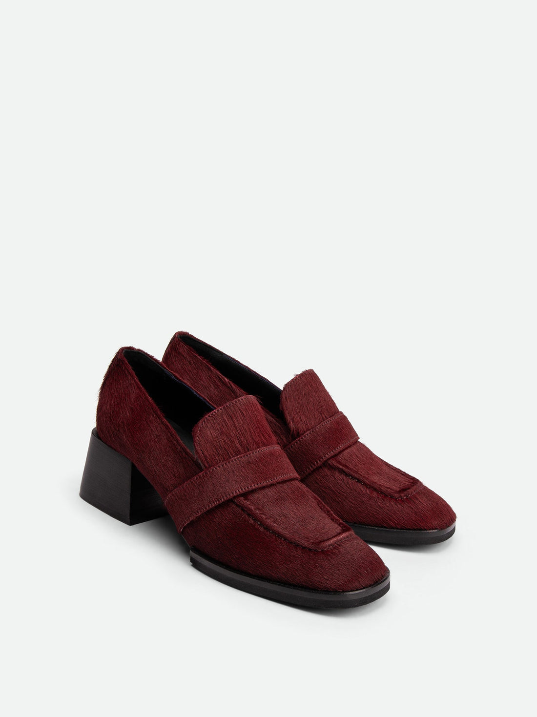 Noemi Bordeaux Hairy Leather Heel Loafers - Angled Side View - POEVE Collection