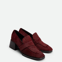 Noemi Bordeaux Hairy Leather Heel Loafers - Angled Side View - POEVE Collection