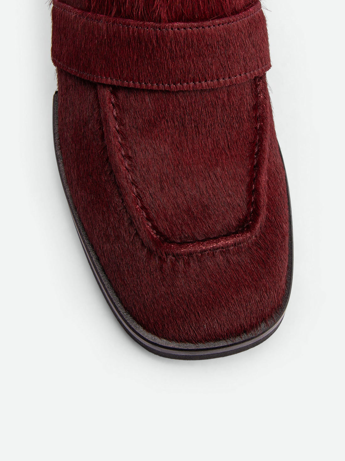 Noemi Bordeaux Hairy Leather Heel Loafers - Toe Close-up View - POEVE Collection