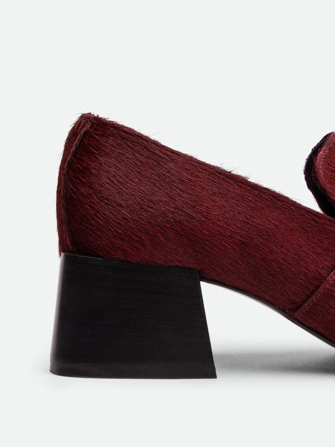 Noemi Bordeaux Hairy Leather Heel Loafers - Heel View - POEVE Collection