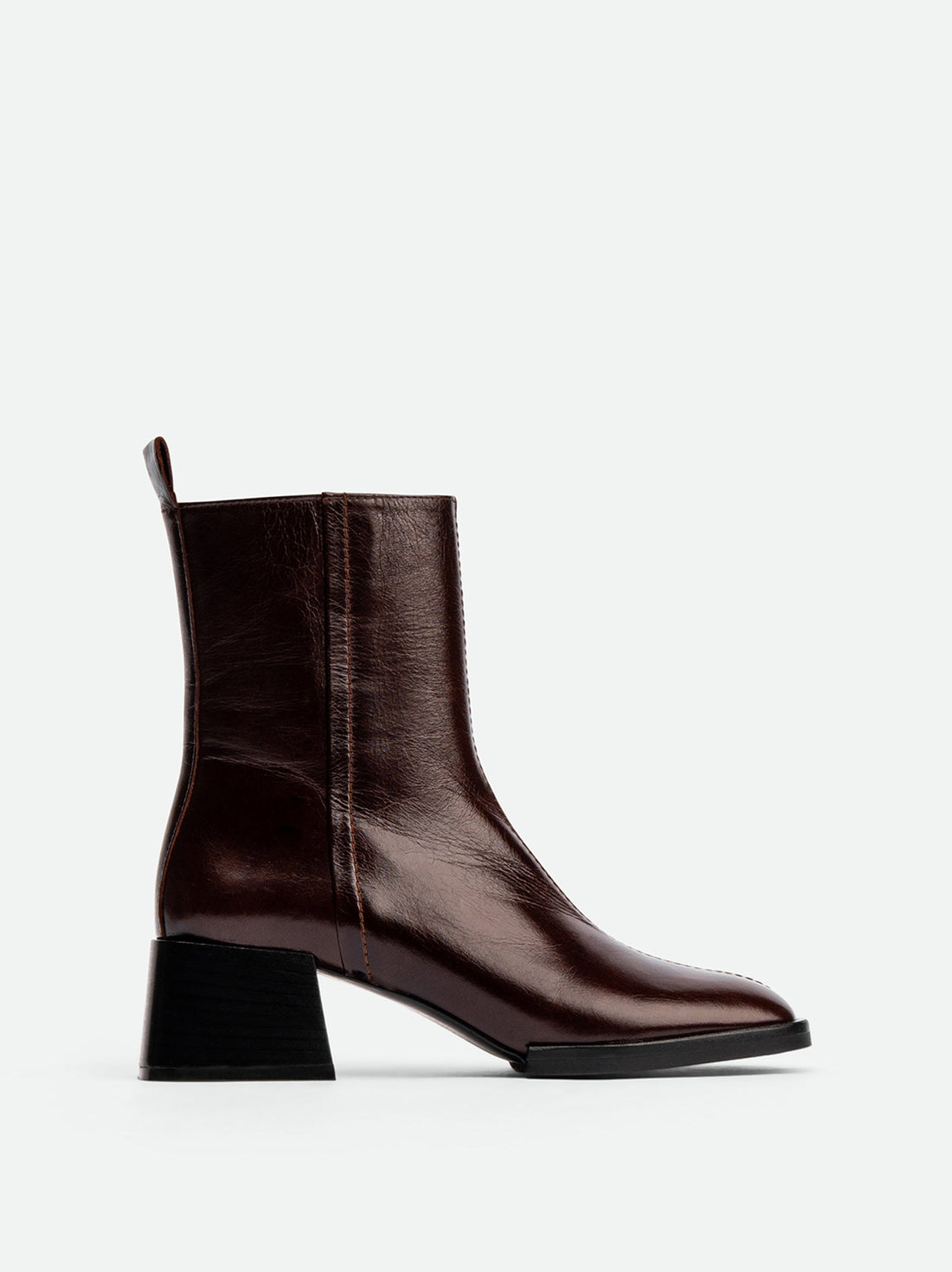 Tangy Dark Brown Crinkled High-Gloss Leather Ankle Boots – Side View – POEVE Collection