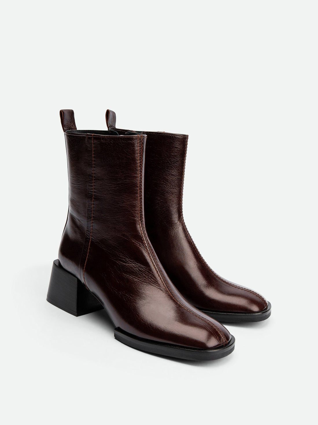 Tangy Dark Brown Crinkled High-Gloss Leather Ankle Boots – Angled View – POEVE Collection