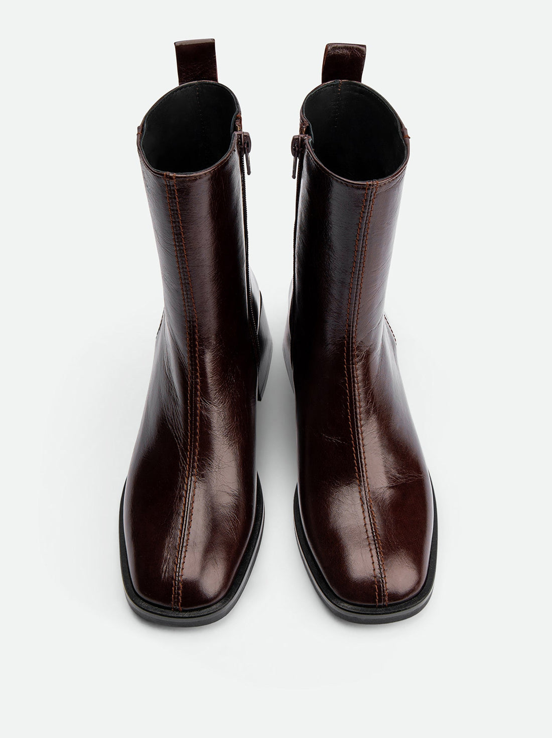 Tangy Dark Brown Crinkled High-Gloss Leather Ankle Boots – Top View – POEVE Collection