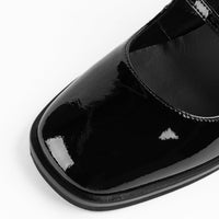 Maven Black Patent Leather Heel Shoes with Metal Buckles - Toe Close-up View - POEVE Collection