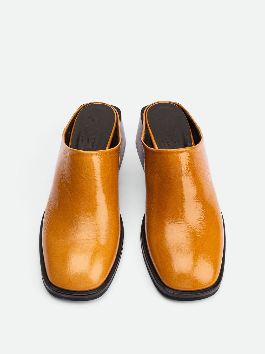 Robin Caramel Crinkled Patent Leather Heel Mules - Top View - POEVE Collection