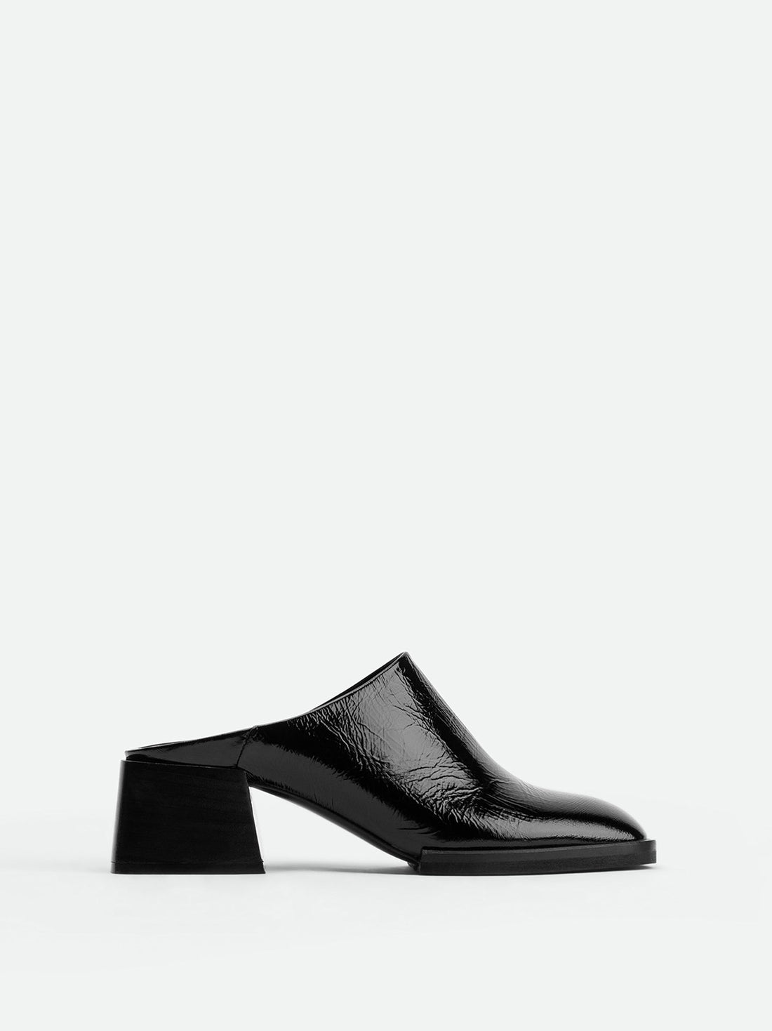 Robin Black Crinkled Patent Leather Heel Mules - Side View - POEVE Collection