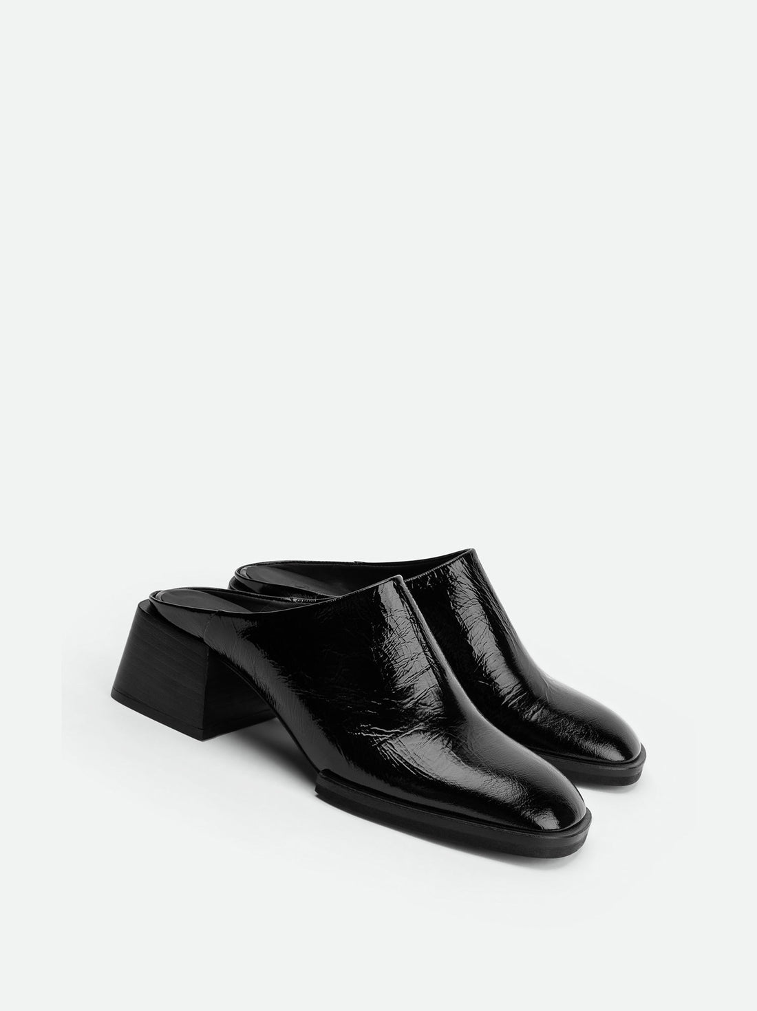 Robin Black Crinkled Patent Leather Heel Mules - Angled Side View - POEVE Collection