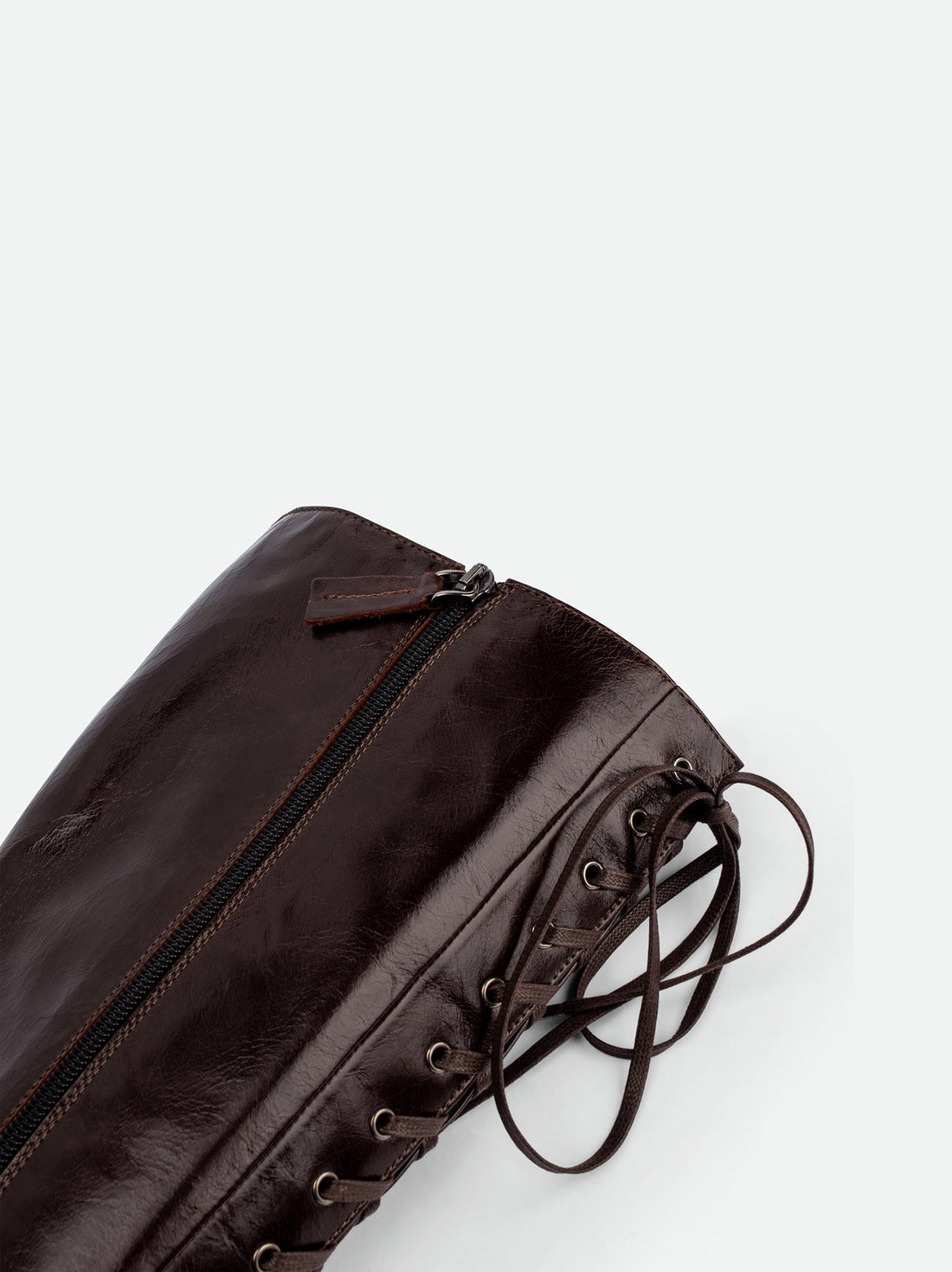 Briar Brown Leather Tall Boots - Zip Close-up View - POEVE Collection
