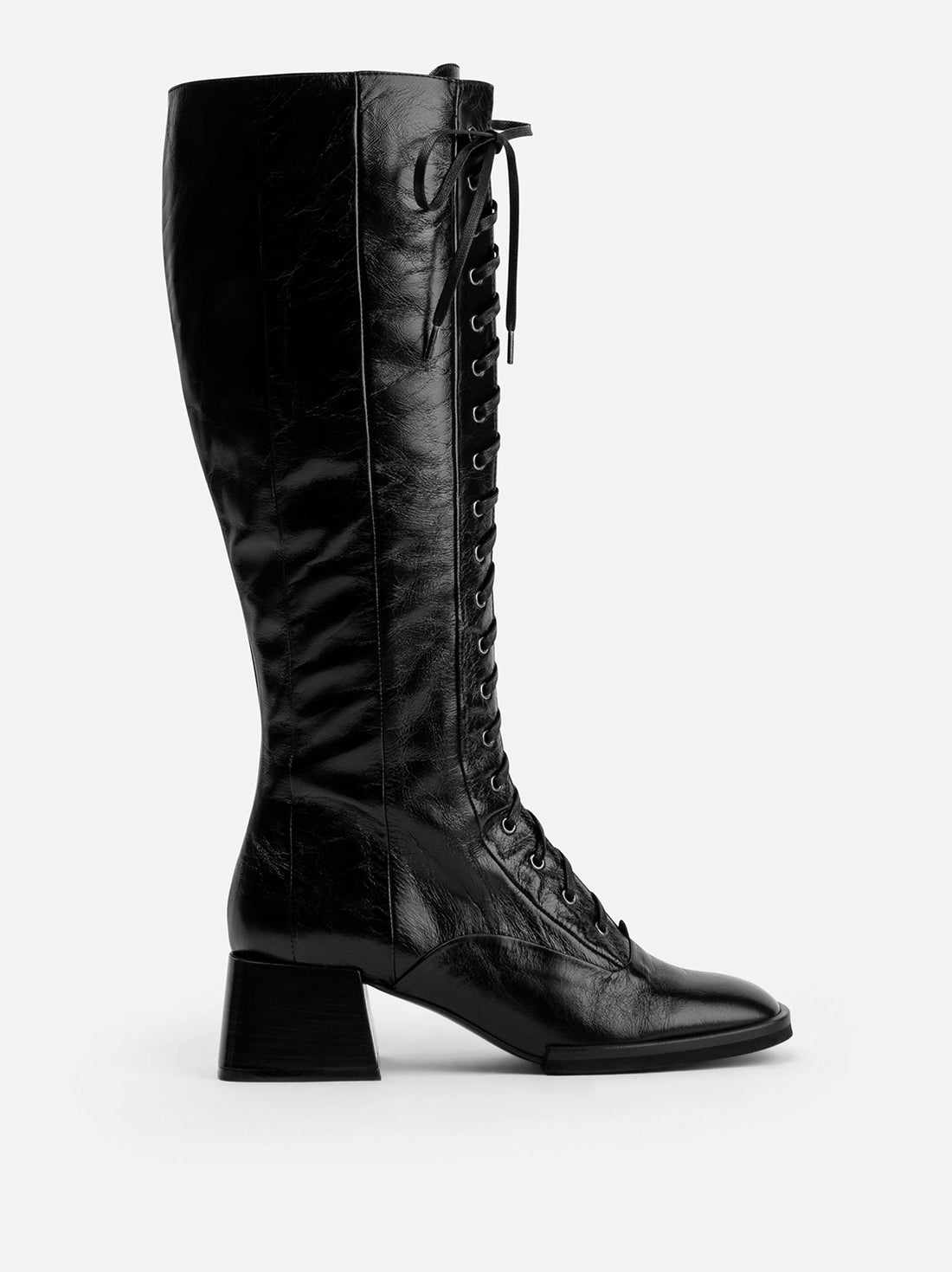 Briar Black Crinkled Glossy Leather Tall Boots – Side View – POEVE Collection