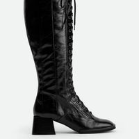 Briar Black Crinkled Glossy Leather Tall Boots – Side View – POEVE Collection