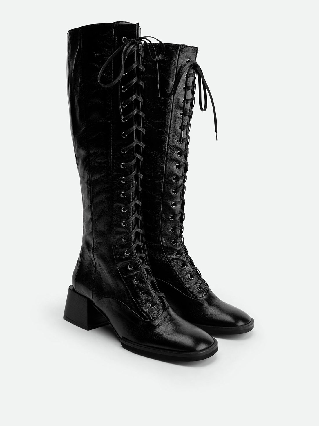 Briar Black Crinkled Glossy Leather Tall Boots – Angled View – POEVE Collection