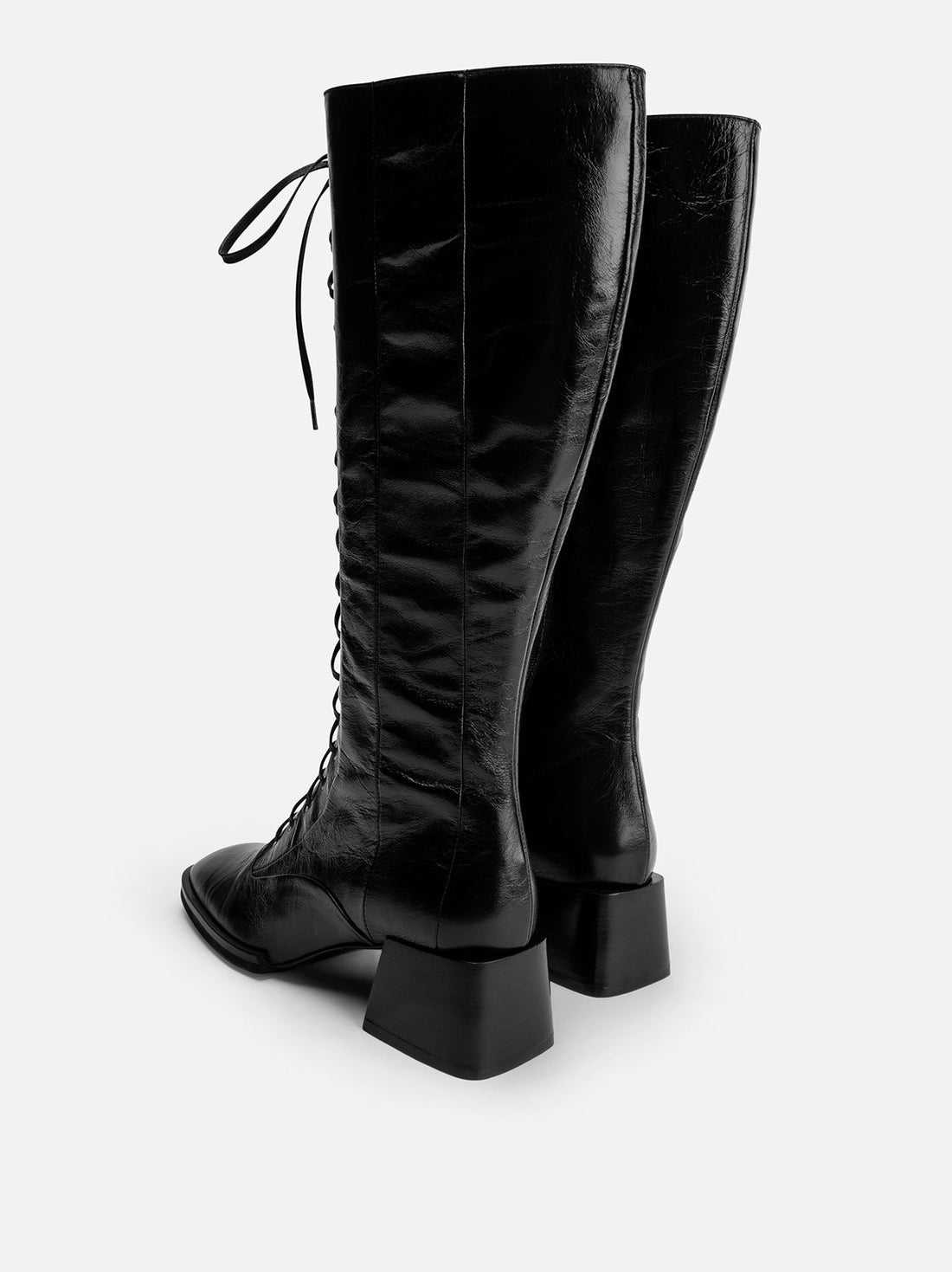 Briar Black Crinkled Glossy Leather Tall Boots – Back Angled View – POEVE Collection