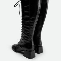 Briar Black Crinkled Glossy Leather Tall Boots – Back Angled View – POEVE Collection