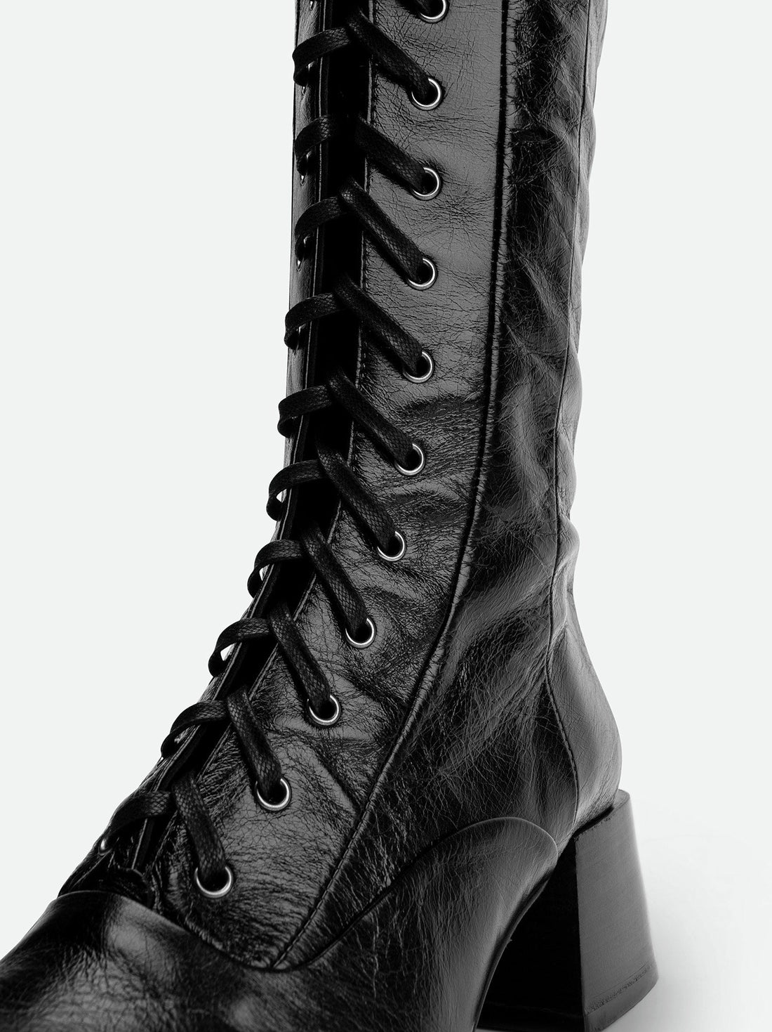 Briar Black Crinkled Glossy Leather Tall Boots – Close up View – POEVE Collection