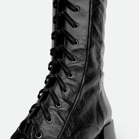 Briar Black Crinkled Glossy Leather Tall Boots – Close up View – POEVE Collection