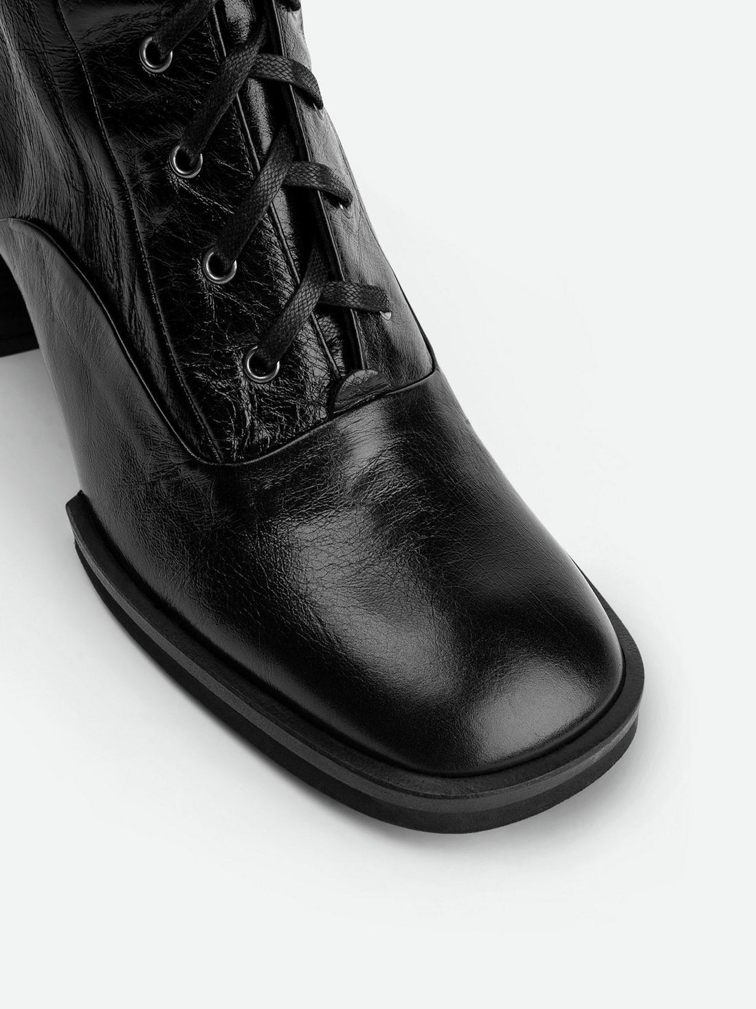 Briar Black Crinkled Glossy Leather Tall Boots – Toe Close-up View – POEVE Collection
