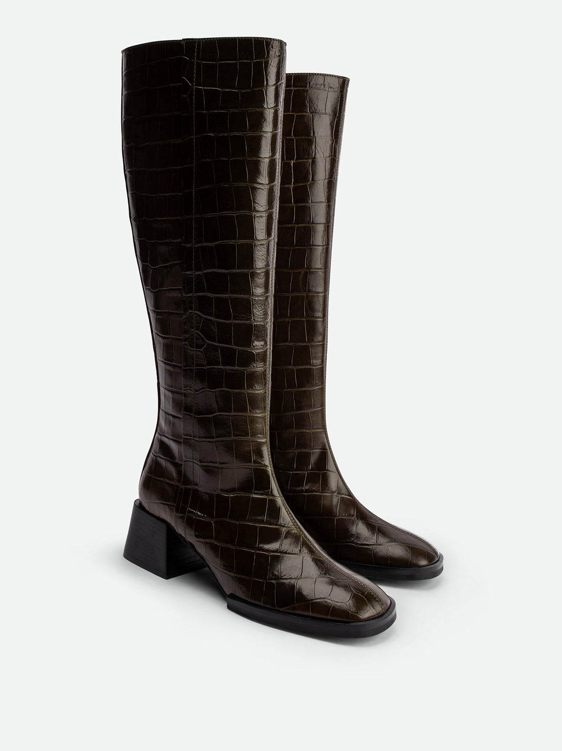 Noelia Green Croco Leather Tall Boots - Angled Side View - POEVE Collection