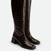 Noelia Green Croco Leather Tall Boots - Angled Side View - POEVE Collection