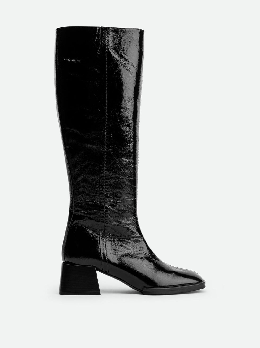 Noelia Black Crinkled Patent Leather Tall Boots - Side View - POEVE Collection