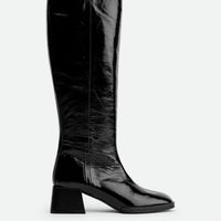 Noelia Black Crinkled Patent Leather Tall Boots - Side View - POEVE Collection