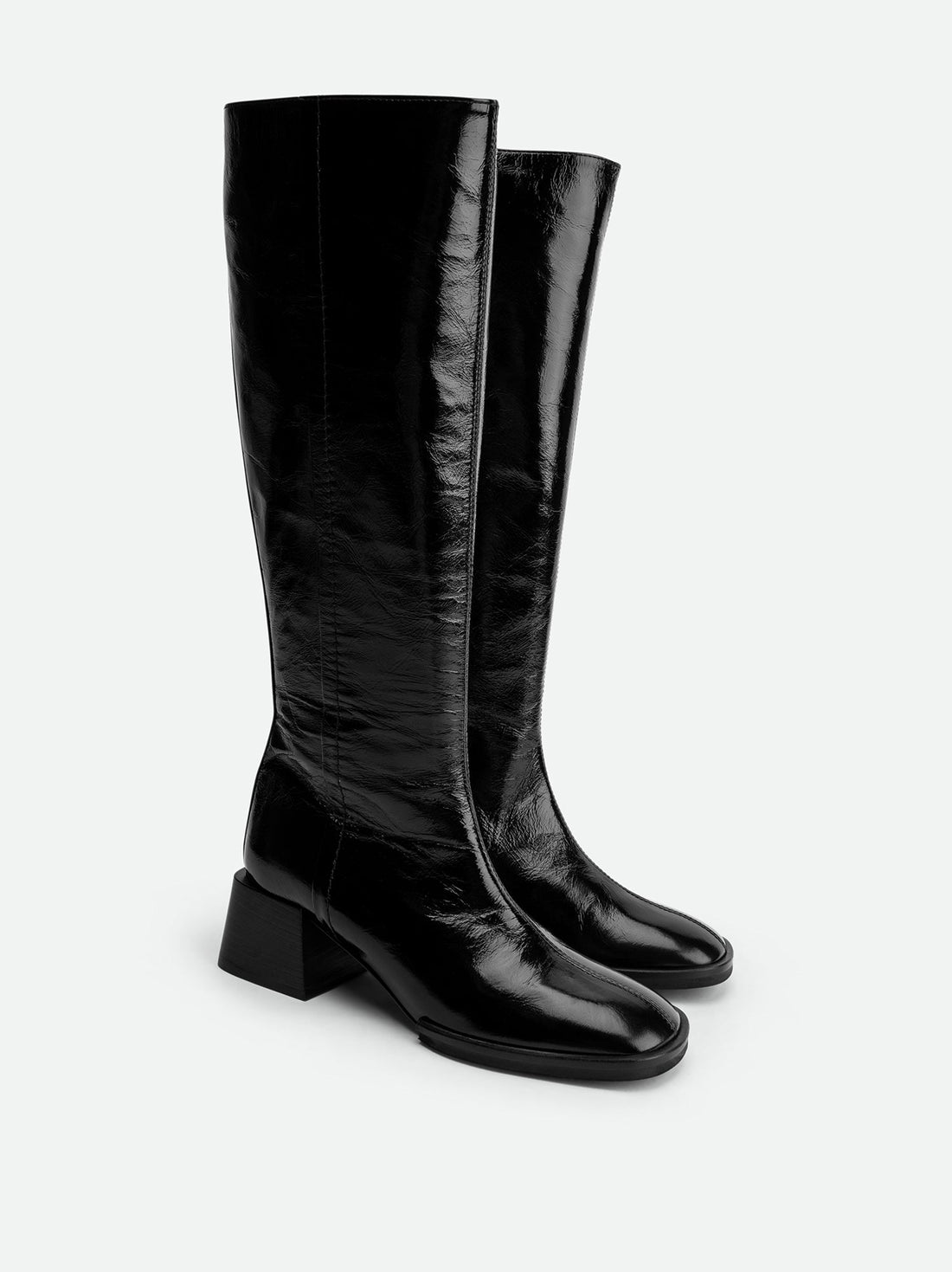 Noelia Black Crinkled Patent Leather Tall Boots - Angled View - POEVE Collection