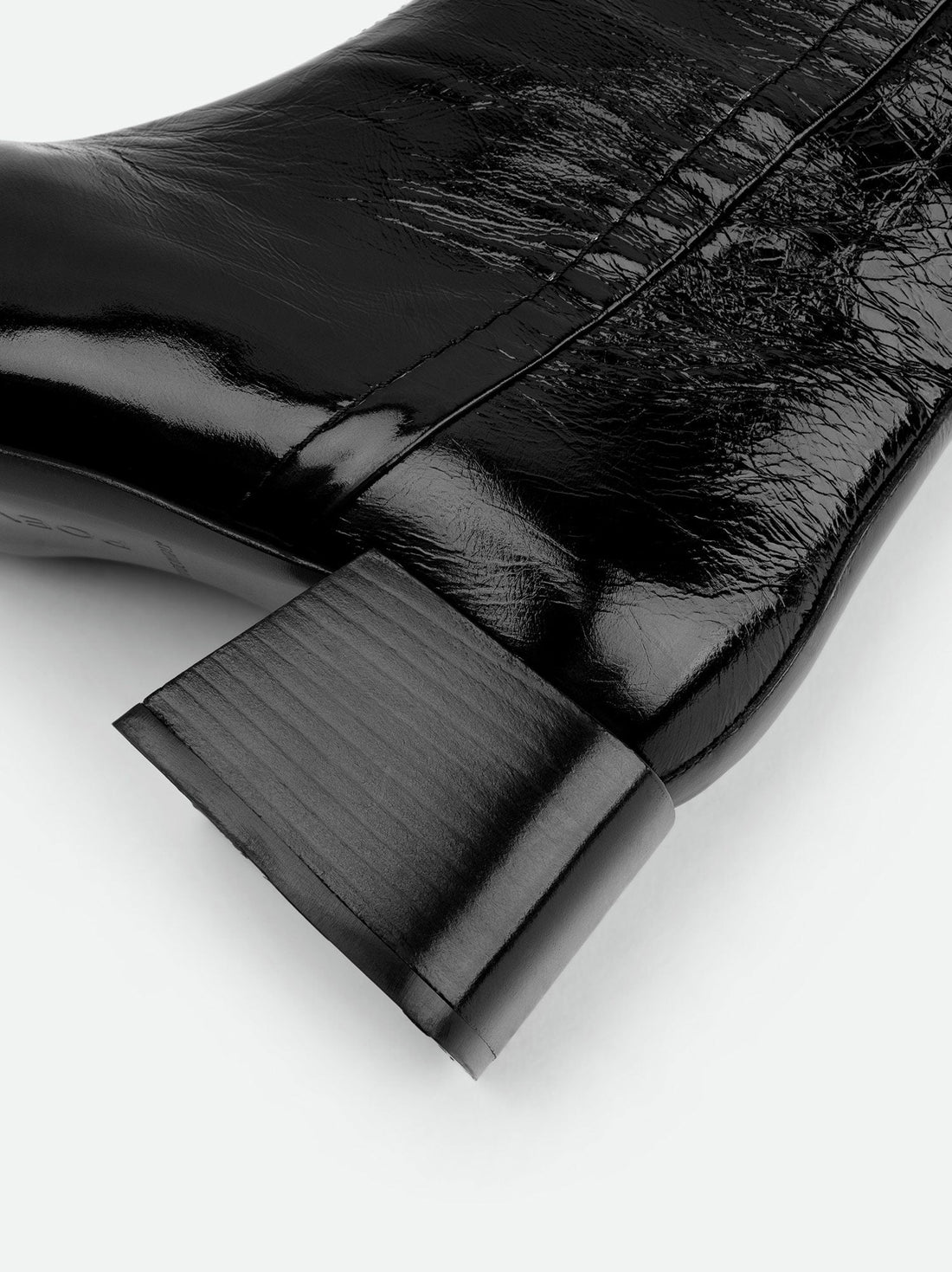 Noelia Black Crinkled Patent Leather Tall Boots - Heel Detail View - POEVE Collection