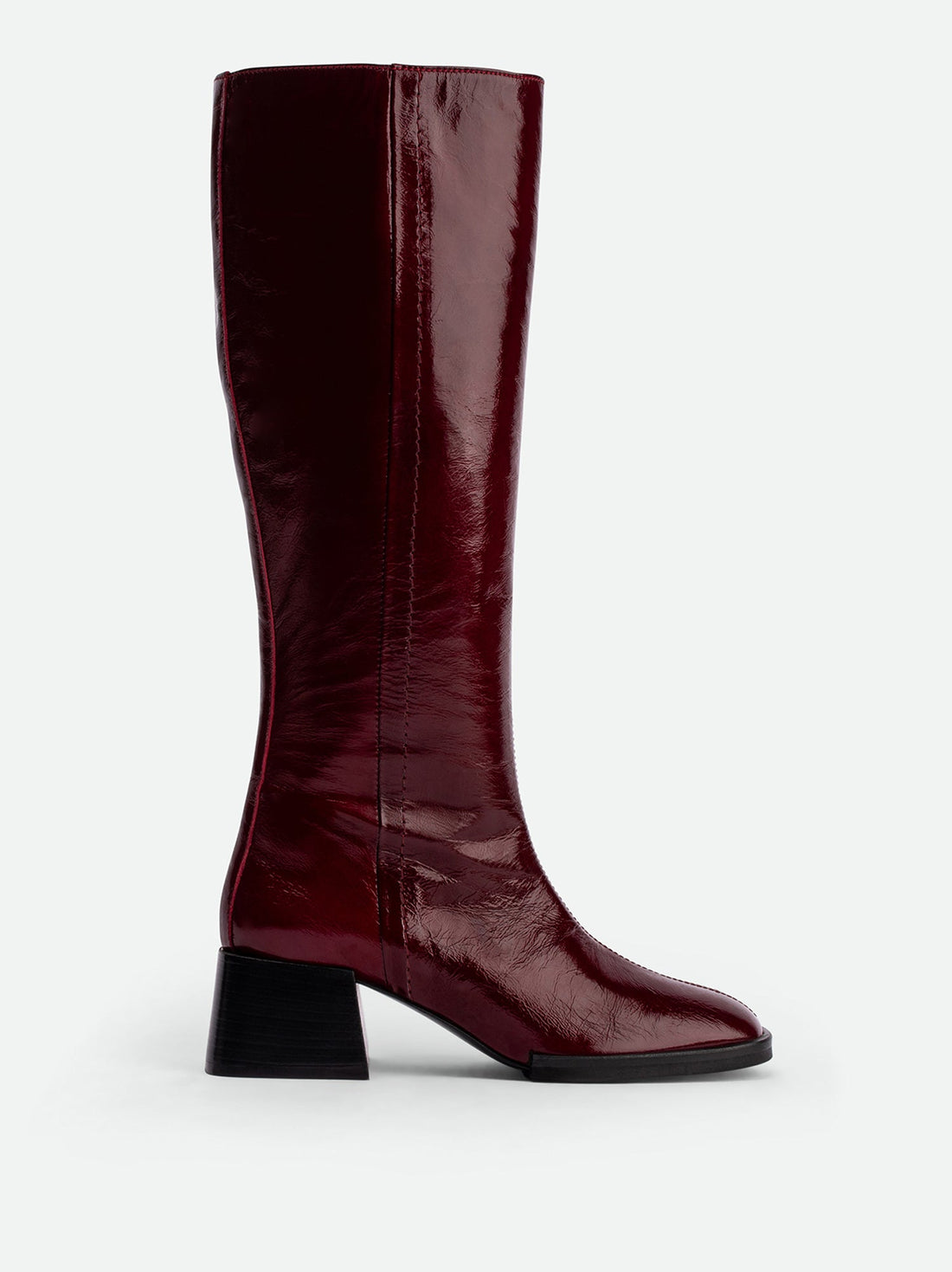 Noelia Red Crinkled Patent Leather Tall Boots - Side View - POEVE Collection