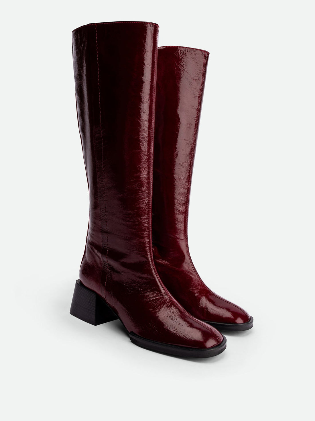 Noelia Red Crinkled Patent Leather Tall Boots - Angled Side View - POEVE Collection