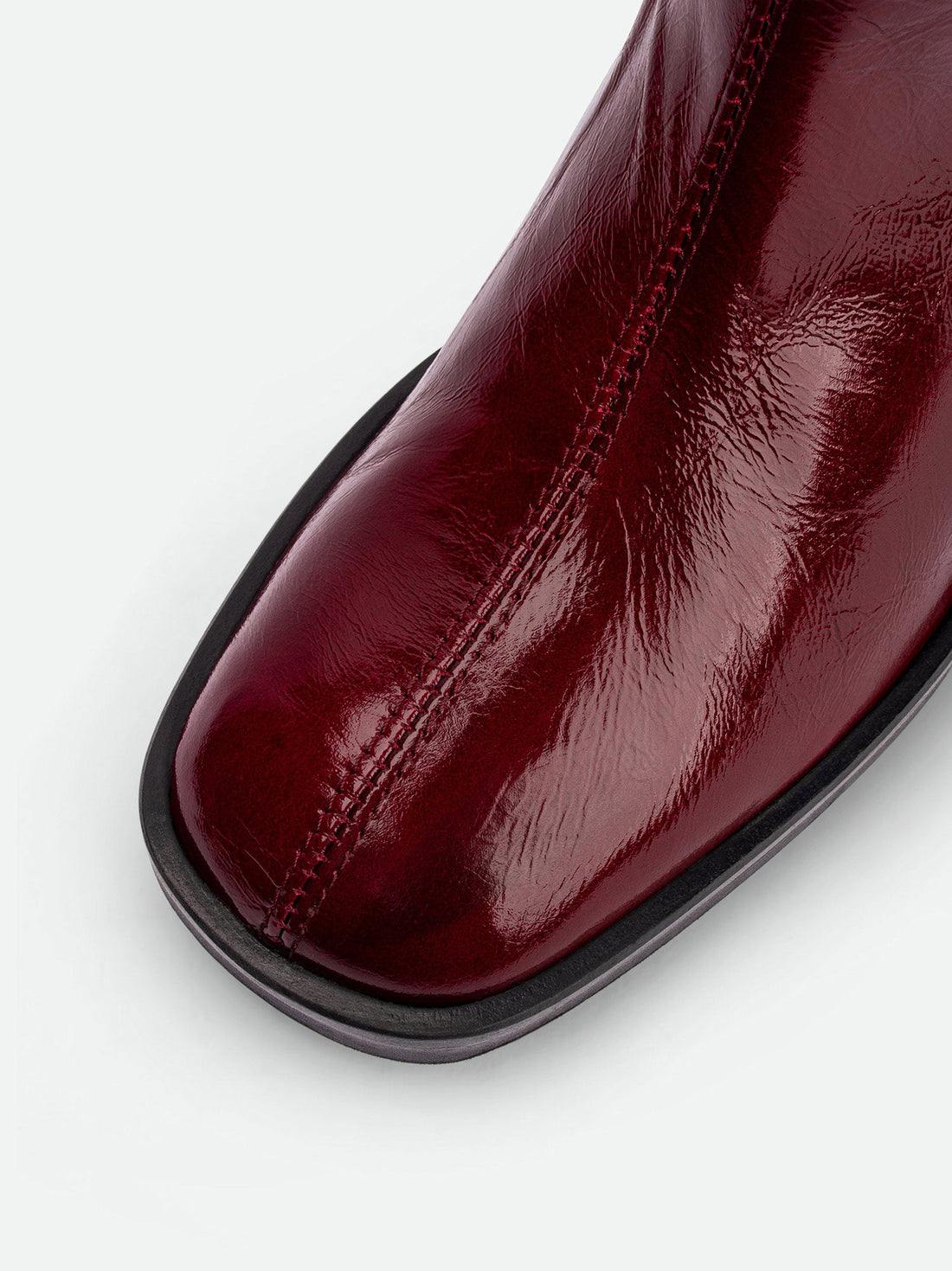 Noelia Red Crinkled Patent Leather Tall Boots - Toe Close-up View - POEVE Collection