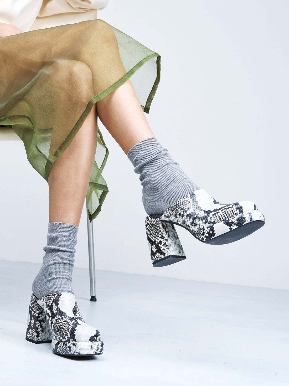 Marla Snake-embossed Leather Heel Mules - Campaign Photo - POEVE Collection