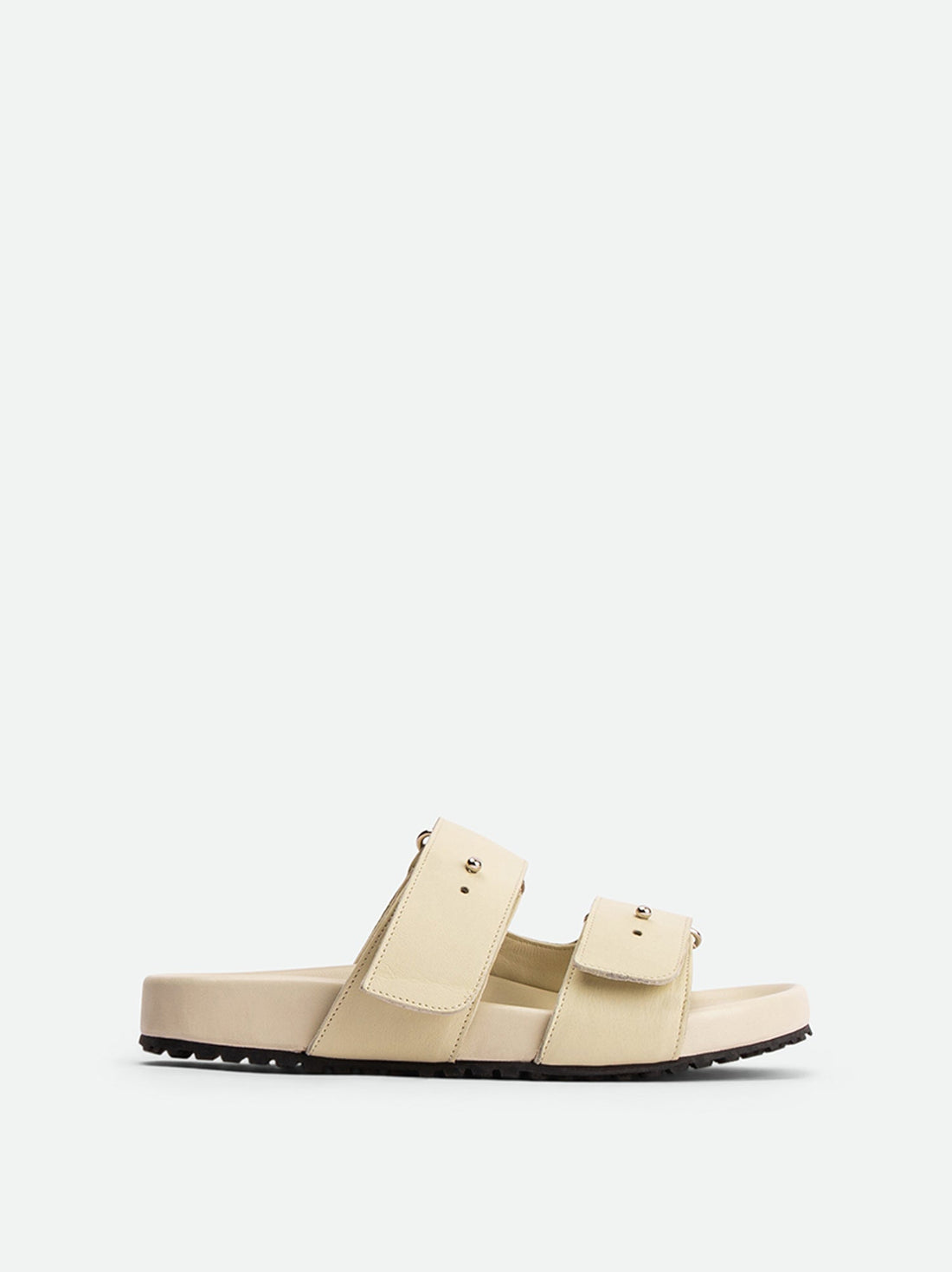 Breeze Beige Leather Mules with Adjustable Straps - Side View - POEVE Collection