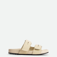 Breeze Beige Leather Mules with Adjustable Straps - Side View - POEVE Collection