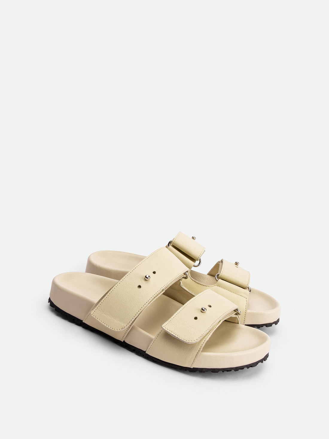 Breeze Beige Leather Mules with Adjustable Straps - Angled Side View - POEVE Collection