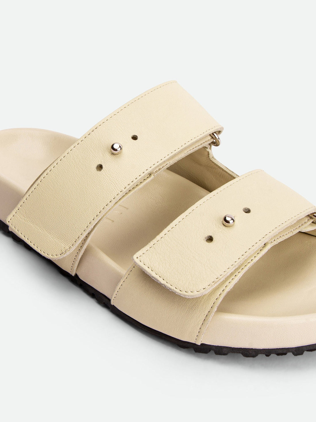 Breeze Beige Leather Mules with Adjustable Straps - Side Close-up View - POEVE Collection