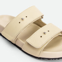 Breeze Beige Leather Mules with Adjustable Straps - Side Close-up View - POEVE Collection